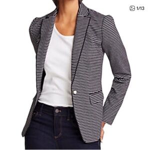 Ann Taylor Black and White Striped Blazer Pearl Accents